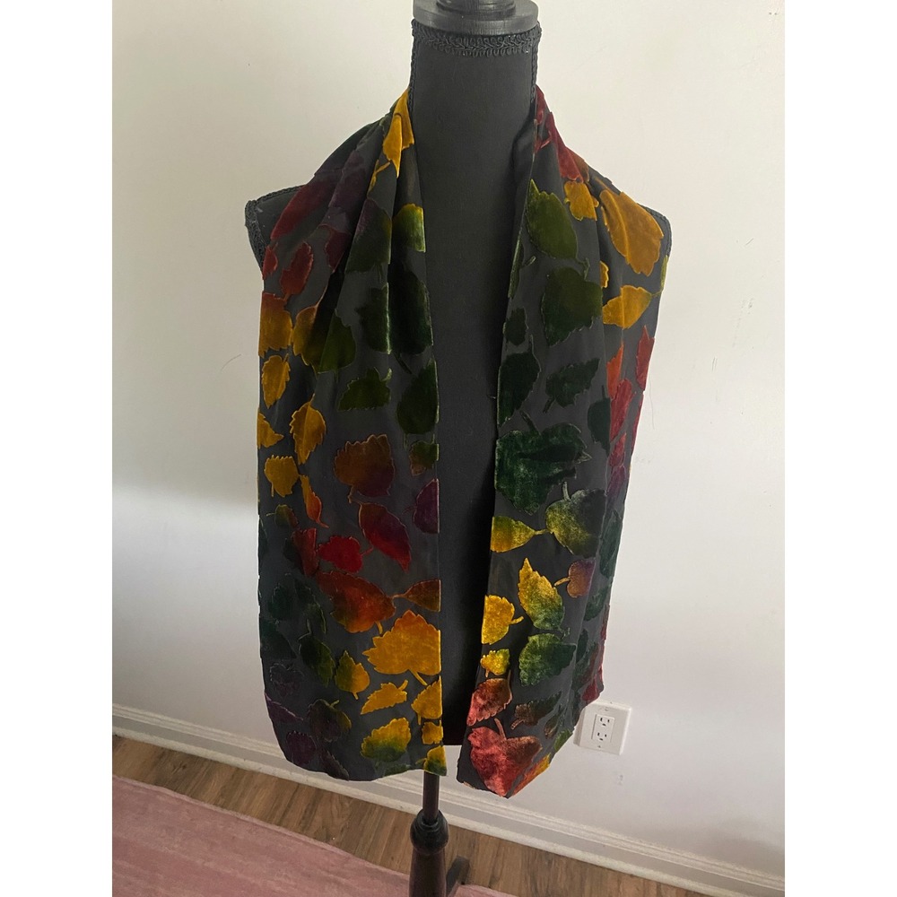 Sheer Velvet Leaf Print Scarf Wrap Women Black Multi‎ Color